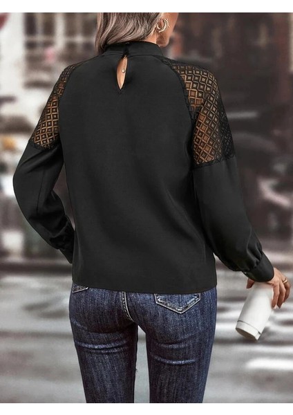 Kadın Uzun Kollu Anahtar Deliği Yaka Reglan Kol Dantel Detaylı Ithal Krep Bluz indirimleri