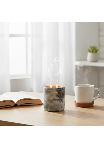 Evinize ve Ofisinize Prestijli Hediyelik, Dışı Mermer Desenli Çift Alevli Mum, Marble Gri Renk