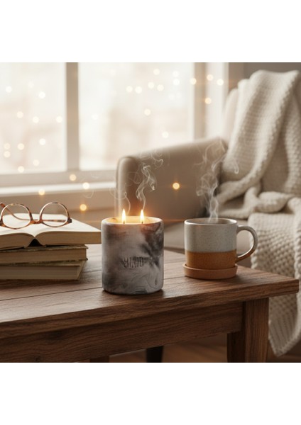 Evinize ve Ofisinize Prestijli Hediyelik, Dışı Mermer Desenli Çift Alevli Mum, Marble Gri Renk fiyatları