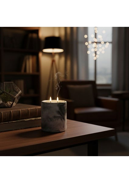 Evinize ve Ofisinize Prestijli Hediyelik, Dışı Mermer Desenli Çift Alevli Mum, Marble Gri Renk modelleri