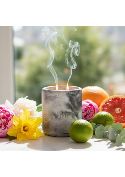 Evinize ve Ofisinize Prestijli Hediyelik, Dışı Mermer Desenli Çift Alevli Mum, Marble Gri Renk indirimleri