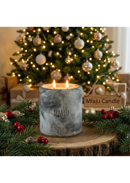 Evinize ve Ofisinize Prestijli Hediyelik, Dışı Mermer Desenli Çift Alevli Mum, Marble Gri Renk