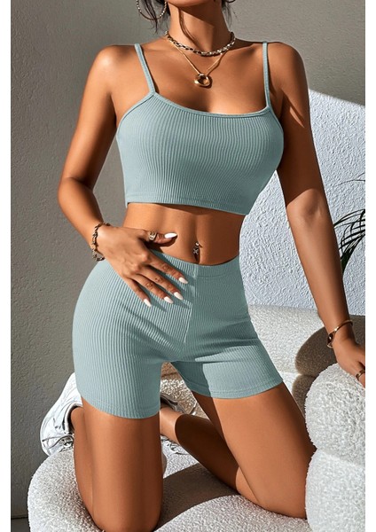 Kadın Açık Mavi Şortlu Kaşkorse Gecelik Takım