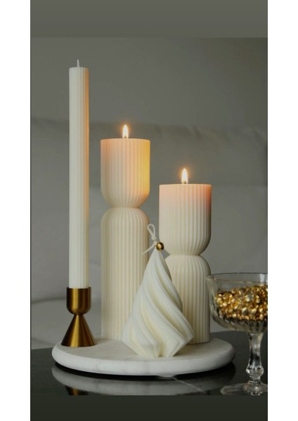 Candle El Yapımı Çam Ağacı Yeniyıl 10CM-ÇOKGEN Yuvarlak Dekoratif Mum 20*7-15*7 Kırık Beyaz