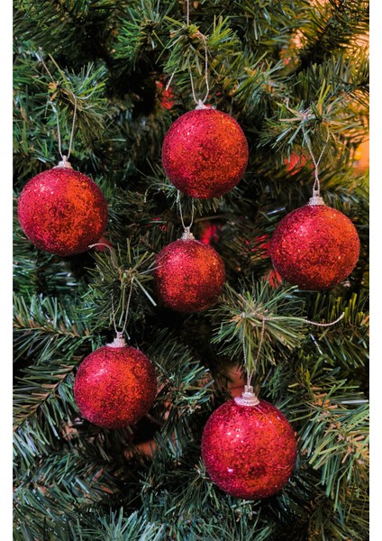 Yılbaşı Çam Ağacı Kırmızı Simli Cici Top Süs 6 cm 6 Adet