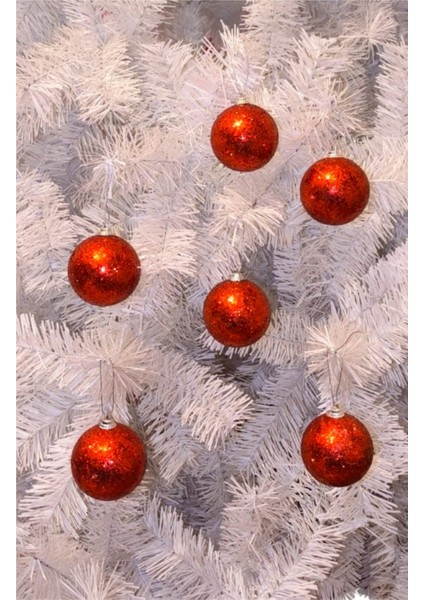 Yılbaşı Çam Ağacı Kırmızı Simli Cici Top Süs 6 cm 6 Adet modelleri