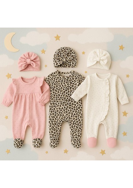 Aki moda kids kız bebek yenidoğan 3 adet şapkalı pamuklu yenidoğan tulum takım set
