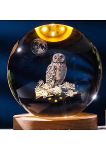 Dekoratif Baykuş Tasarımlı Ahşap Altlıklı Işıklı Cam Küre Büyük Boy 8cm