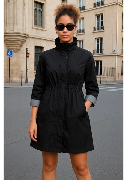 Kadın Büzgülü Premium Siyah Kısa Trençkot