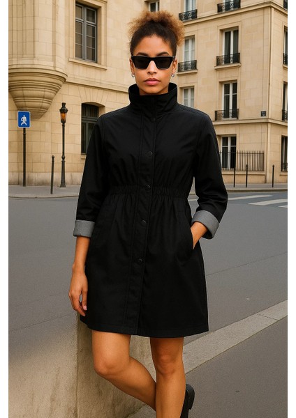 Kadın Büzgülü Premium Siyah Kısa Trençkot fırsatları