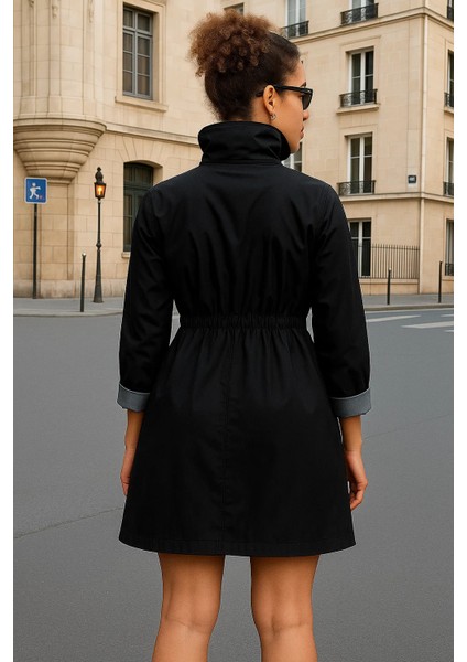 Kadın Büzgülü Premium Siyah Kısa Trençkot indirimleri