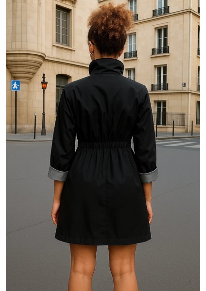 Kadın Büzgülü Premium Siyah Kısa Trençkot