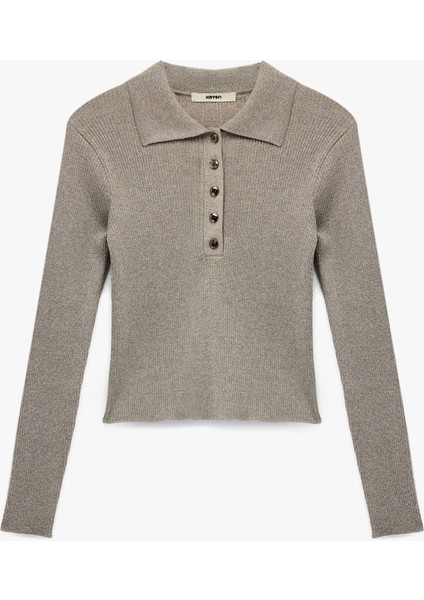 x Melis Ağazat - Uzun Kollu Metalik Iplik Detaylı Parıltılı Polo Yaka Triko Kazak