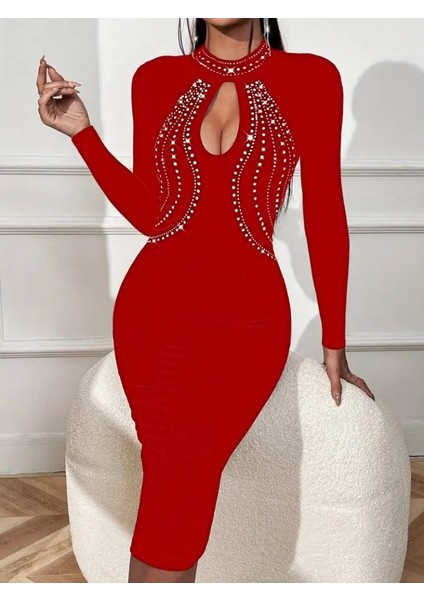 Kadın Uzun Kollu Balıkçı Yaka Taşlı Damla Detay Midi Ithal Krep Elbise