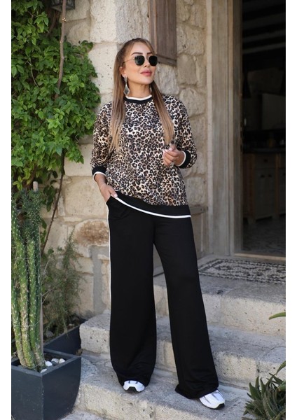 Kadın Uzun Kollu Bisiklet Yaka Leopar Desenli Iki Iplik Bluz ve Viskon Iki Iplik Pantolon Ikili Tak