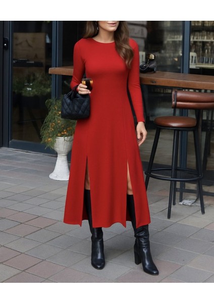 Kadın Uzun Kollu Hafif Kayık Yaka Sırt Dekolteli Yırtmaç Detaylı Viskon Tam Boy Elbise fiyatları