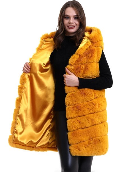 Kapşonlu Peluş Kürk Yelek Premium Kalite, Tam Astarlı, Uzun Model - Sarı modelleri