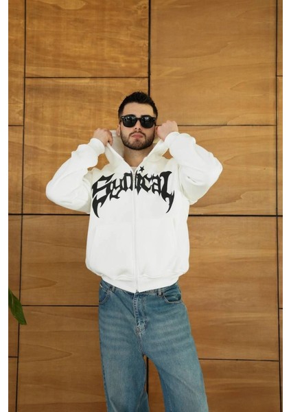 Erkek Kapüşonlu Sweatshirt Hoodie 3 Iplik Şardonlu Pamuklu Kumaş, Önü Baskılı, Fermuarlı R