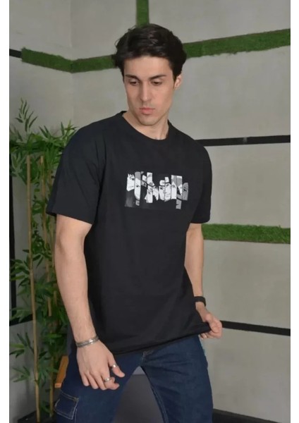 Unisex Bisiklet Yaka Baskılı Oversize T-Shirt - Siyah fiyatları