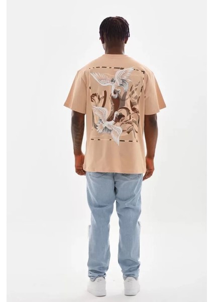 Unisex Baskılı Oversize T-Shirt - Bej fiyatları