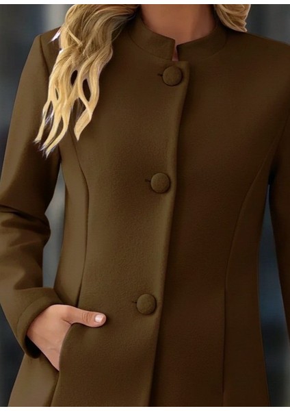 Kadın Uzun Kollu Hakim Yakalı Önden Düğmeli Cep Detaylı Kısa Taba Kaşe Kaban fiyatları