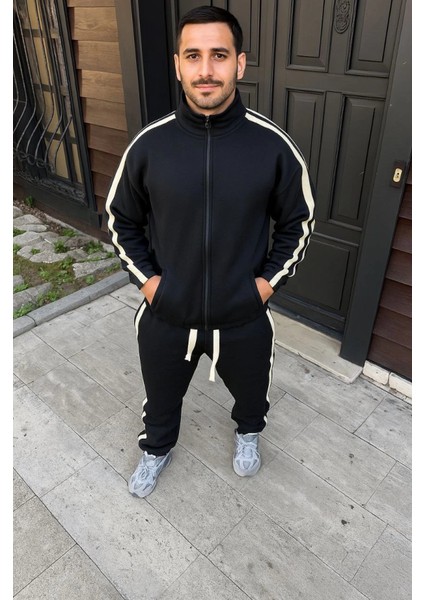 Erkek Çift Şeritli Eşofman Takım Dik Yaka Fermuarlı Sweatshirt Boru Paça Alt, Oversize 3 Iplik fiyatları