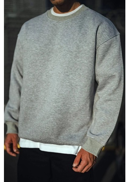 Kışlık Bisiklet Yaka Üç Iplik Basic Sweatshirt - Gri
