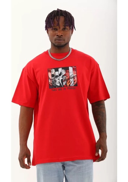 Unisex Oversize Baskılı Bisiklet Yaka T-Shirt - Kırmızı