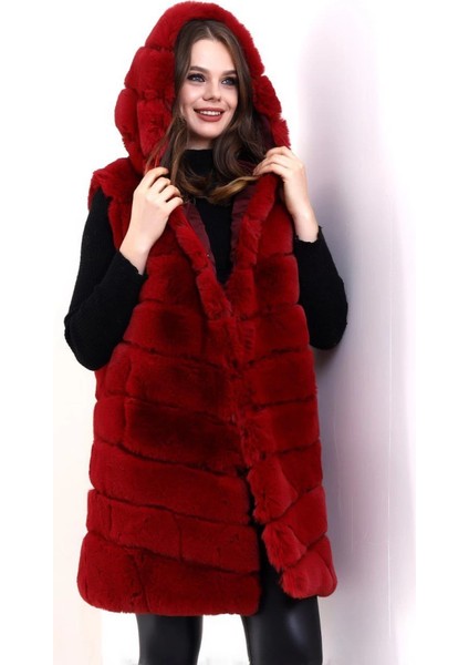 Kapşonlu Peluş Kürk Yelek Premium Kalite, Tam Astarlı, Uzun Model - Kırmızı