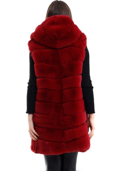 Kapşonlu Peluş Kürk Yelek Premium Kalite, Tam Astarlı, Uzun Model - Kırmızı modelleri