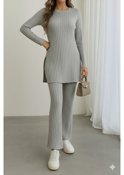 Kadın Uzun Kollu Yuvarlak Yaka Yandan Yırtmaç Detaylı Şardonlu Kaşkorse Bluz ve Pantolon Ikili