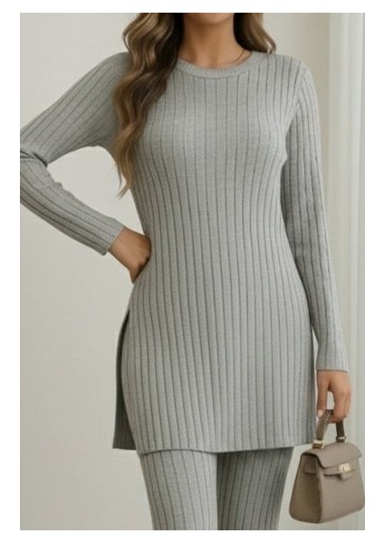 Kadın Uzun Kollu Yuvarlak Yaka Yandan Yırtmaç Detaylı Şardonlu Kaşkorse Bluz ve Pantolon Ikili fiyatları