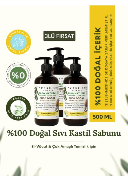 3lü Fırsat %100 Doğal Kastil Sıvı Sabun - Bergamot & Limon Kokulu