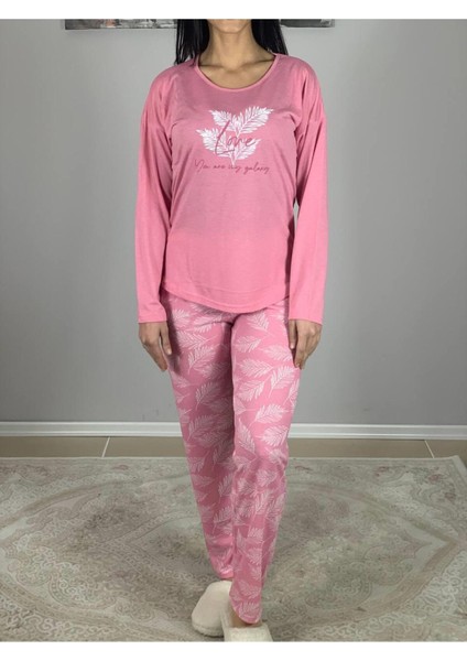 Kadın Pamuklu Viscon Yaprak Desenli Pijama Takımı (Pembe) Pembe X fırsatları