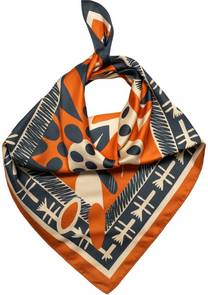 Turuncu Lacivert Etnik Desenli Ipeksi Fular