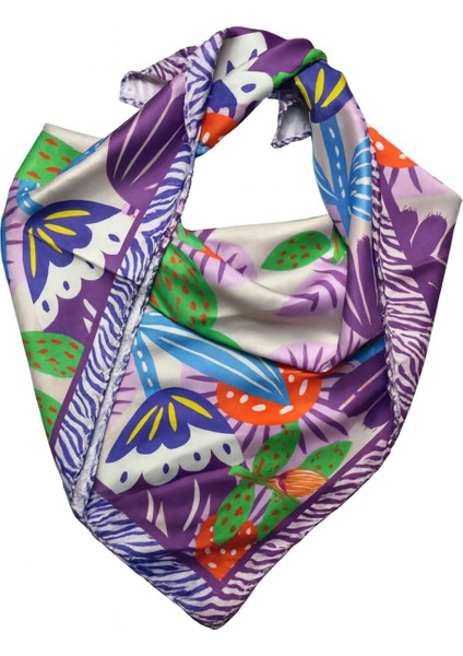 Mor Kenarlı Renkli Tropik Desenli Kare Fular