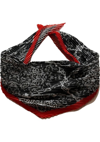 Siyah Beyaz Desenli Kırmızı Kenarlı Piliseli Kadın Fular