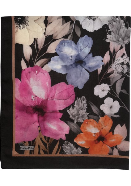 Siyah Zeminli Büyük Çiçek Desenli Şal modelleri