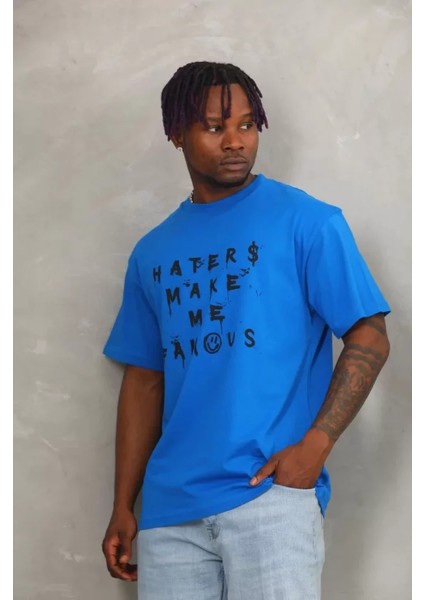 Unisex Oversize Baskılı Bisiklet Yaka T-Shirt - Mavi