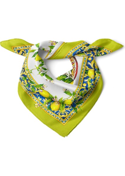 Yeşil Kenarlı Limon Vazo Desenli Fular
