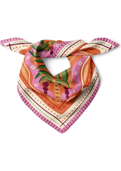 Pembe Kenarlı Tropik Desenli Fular