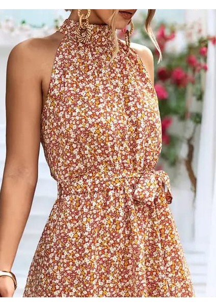 Kadın Eteği Volanlı Halter Yaka Süprem Elbise