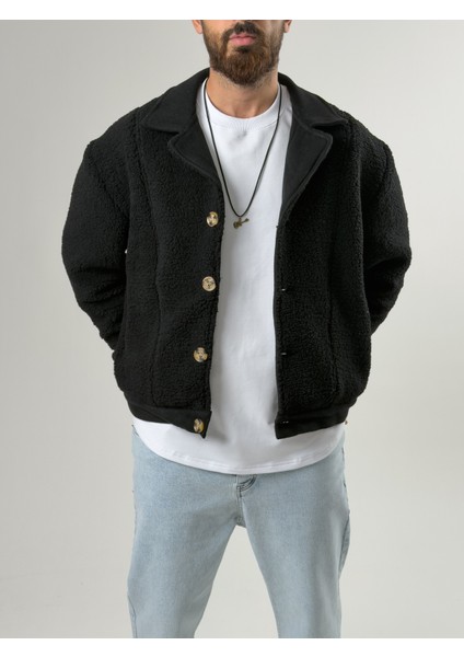 Erkek Kaşe Detaylı Siyah Peluş Hırka COC2586