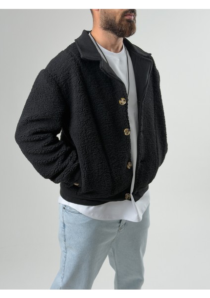 Erkek Kaşe Detaylı Siyah Peluş Hırka COC2586 modelleri