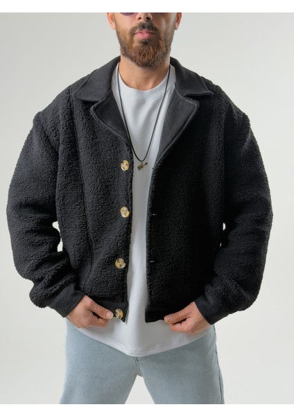 Erkek Kaşe Detaylı Siyah Peluş Hırka COC2586 fırsatları