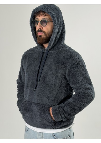 Erkek Kapüşonlu Antrasit Peluş Sweat COC2590