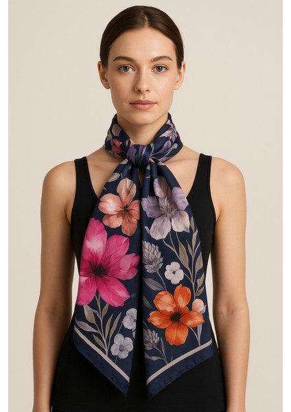 Lacivert Zeminli Büyük Çiçek Desenli Şal