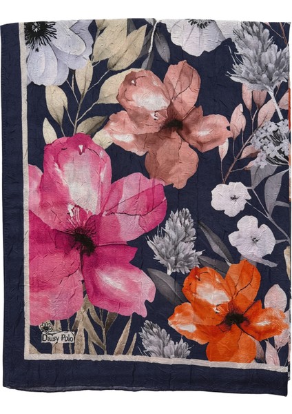 Lacivert Zeminli Büyük Çiçek Desenli Şal modelleri