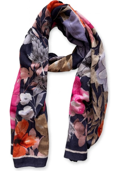 Lacivert Zeminli Büyük Çiçek Desenli Şal fırsatları