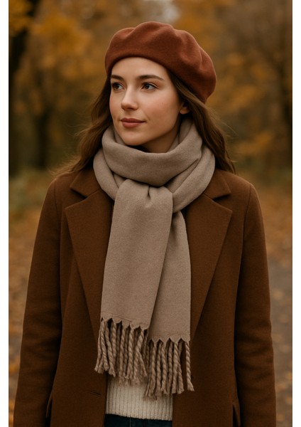 Kadın Bej Püsküllü Soft Dokulu Klasik Şal